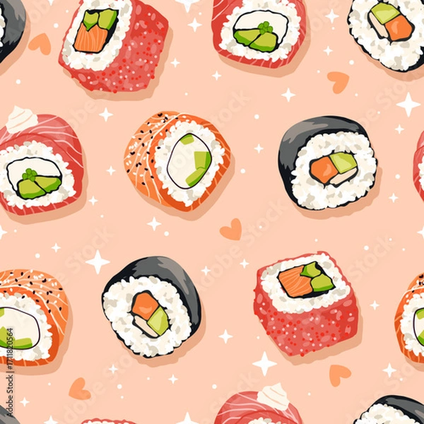 Fototapeta Vector seamless bright pattern with sushi rolls. Japanese illustration.