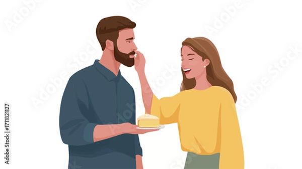 Fototapeta A digital illustration depicting a man and a woman sharing a small, pale yellow dessert. The style is flat vector design, with clean lines and minimal detail. The couple is depicted from the waist