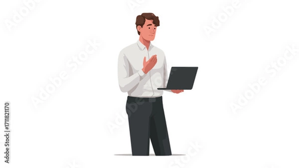 Fototapeta The image shows a stylized vector illustration of a man, possibly a businessman, holding a laptop computer. He appears to be making a presentation or explaining something, indicated by his hand