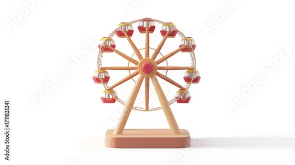 Fototapeta A digital rendering of a miniature ferris wheel against a white background. The model is low-poly, showing simple shapes and colors.  The ferris wheel is primarily light brown/beige and features