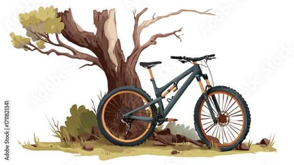Fototapeta Digital illustration of a dark grey and orange mountain bike leaning against a brown, leafless tree. The tree has some small green and yellow leaves and is situated in a small clearing.