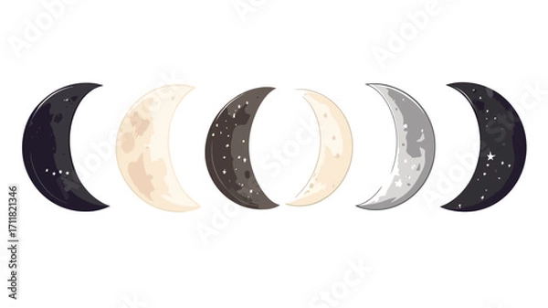 Fototapeta Digital illustration depicting the phases of the moon.  The image shows five stylized crescent, half, and gibbous moon phases in a horizontal row against a white background. 