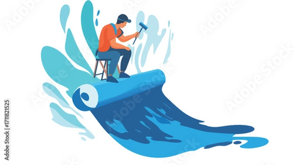 Fototapeta A stylized vector illustration depicting a male painter sitting on a large paint roller, which is unfurling and leaving a trail of blue paint.  The painter is using a paintbrush or roller. 