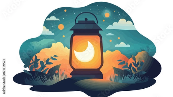 Fototapeta A digital illustration depicting a stylized lantern emitting a warm glow. Inside the lantern is a crescent moon. The background features a stylized night sky with stars, clouds, and stylized plants