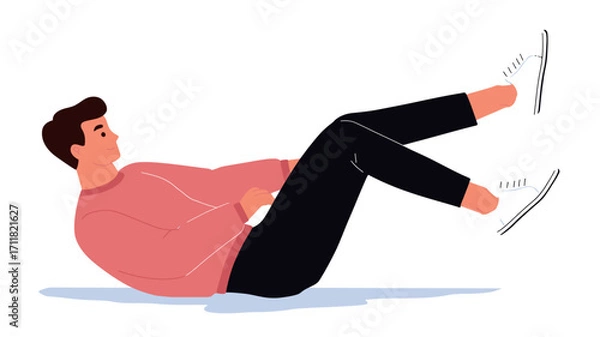 Fototapeta A vector illustration depicting a man lying on his back performing a crunch exercise. He is wearing a salmon-colored long-sleeved shirt and black pants. His legs are raised