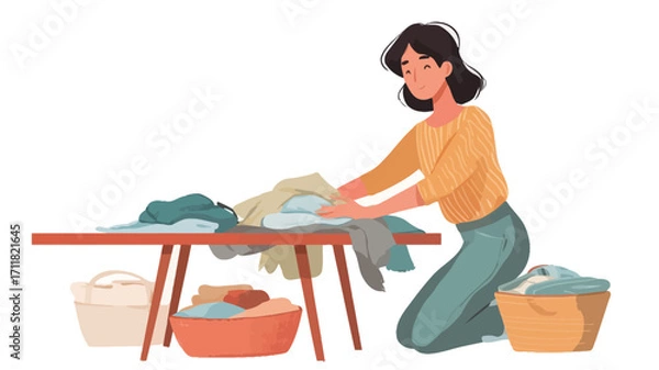 Fototapeta A vector illustration depicts a young woman with dark hair kneeling beside a simple wooden table or ironing board. She is folding laundry, and there are laundry baskets, one wicker and one fabric,