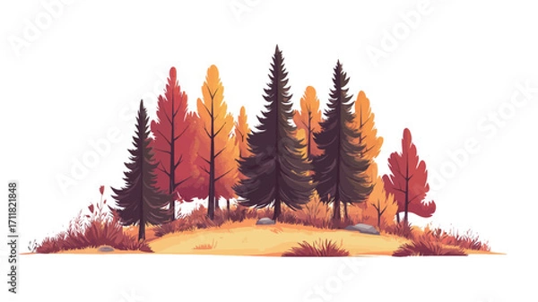 Fototapeta A digital painting or illustration depicting a small grove of trees on a gently sloping hill against a white background.  The trees are primarily evergreens (pines or similar conifers) with several