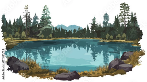 Fototapeta Digital painting of a serene mountain lake scene. The image depicts a calm body of blue water reflecting the surrounding forest and mountains. The lake is surrounded by dark green coniferous trees,