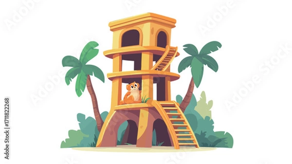 Fototapeta A digital illustration depicting a stylized yellow tower structure resembling a watchtower or observation post situated amidst tropical palm trees and lush greenery. A cat is visible inside one of