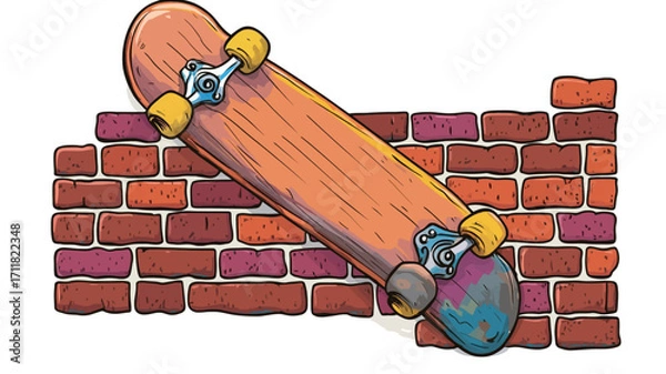 Fototapeta The image is a vector illustration depicting a worn-out orange skateboard leaning against a red brick wall. The skateboard shows signs of wear and tear, including discoloration and apparent dirt