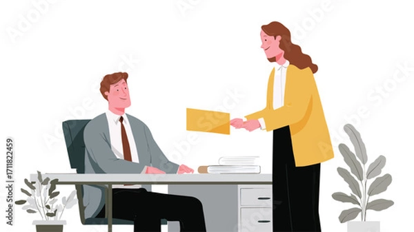 Fototapeta The illustration depicts a flat-design style image of a man and a woman in business attire in an office setting.  The woman, in a yellow jacket, is handing a yellow folder to a seated man in a grey