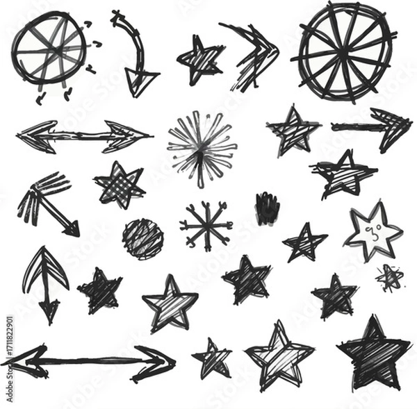 Fototapeta Handdrawn elements of arrows, stars, suns, and wheels perfect for creative projects needing diverse shapes and designs. Versatile graphics.