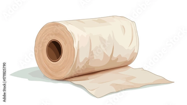 Fototapeta A close-up studio shot of a roll of toilet paper against a white background. The roll is partially unrolled, showing the texture of the paper.  The paper is primarily off-white with subtle