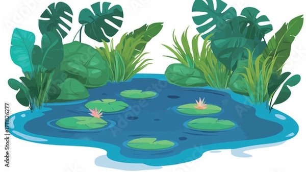 Fototapeta A digital illustration depicting a small pond with several water lilies floating on its surface. The pond is surrounded by lush green tropical plants, including large leaves resembling monstera