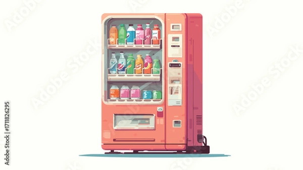 Fototapeta A digital illustration depicting a retro-style vending machine. The machine is predominantly light orange/pink, with a slightly darker shade for the sides.  It features three glass shelves stocked