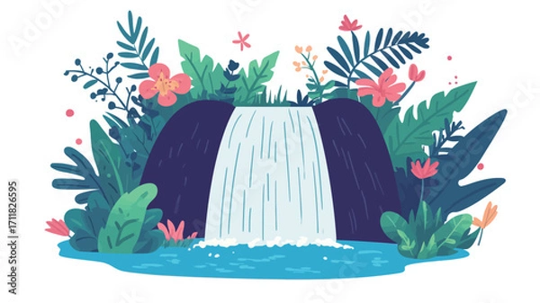 Fototapeta A stylized illustration depicting a waterfall cascading over dark rocks, surrounded by lush tropical plants and flowers. The style is cartoonish or graphic, with flat color and simplified forms.