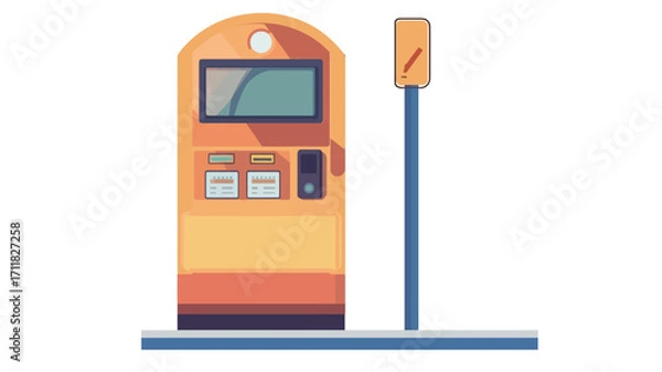 Fototapeta The image is a digital illustration of a ticket vending machine and a pole display. The ticket machine is predominantly orange-yellow with a rectangular screen, button panel, and card reader. 