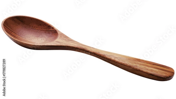 Fototapeta A high-angle, full shot of a single wooden spoon isolated on a bright white background. The spoon is reddish-brown in color with visible wood grain.  The spoon has an oval-shaped bowl and a long,