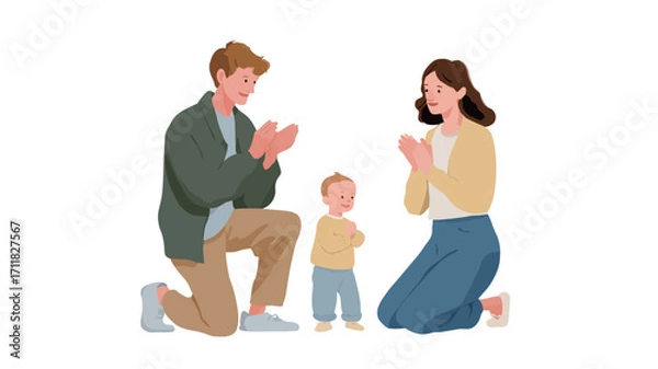 Fototapeta A digital illustration depicting a family of three �C a father, mother, and young child �C kneeling and praying together. The style is simple and minimalist, with flat colors and clean lines.