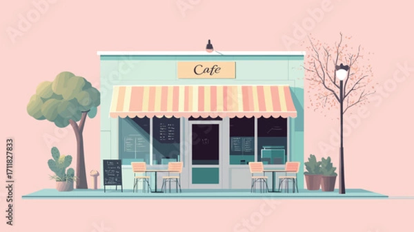 Fototapeta A digital illustration depicts a small cafe building. The building is light teal or mint green with an orange and white striped awning.  Two small trees, a cactus in a pot, and a street lamp with 