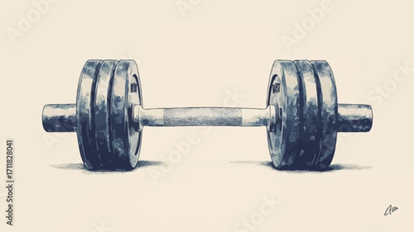 Fototapeta A digital illustration of a steel dumbbell, viewed from a slightly elevated angle. The dumbbell has a long, straight bar connecting two large, circular weight plates on either end. The plates