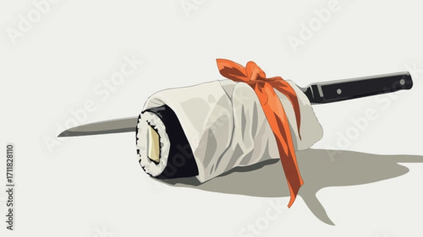 Fototapeta A stylized vector illustration of a sushi roll wrapped in white paper and tied with an orange ribbon.  A small knife rests next to it. The background is plain white, providing high contrast 