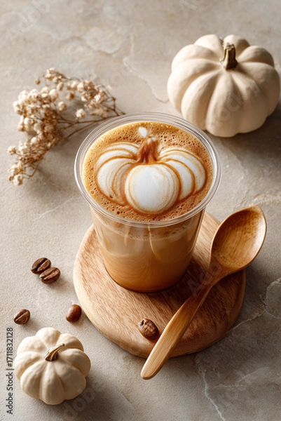 Fototapeta A pumpkin latte arrangement in a plastic cup with a pumpkin design on the foam, coffee beans, and miniature pumpkins

