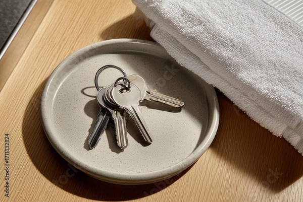 Fototapeta keys on a white ceramic plate and a folded white terry towel on a light wooden tray
