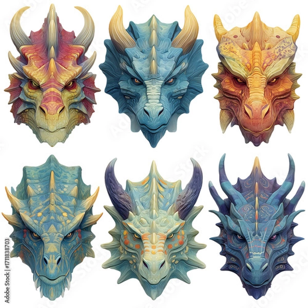 Fototapeta Colorful mythical creatures dragons heads collection fantasy art design isolated on transparent background