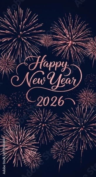 Fototapeta A festive graphic design showcases happy new year 2026 with elegant fireworks against a deep navy background.