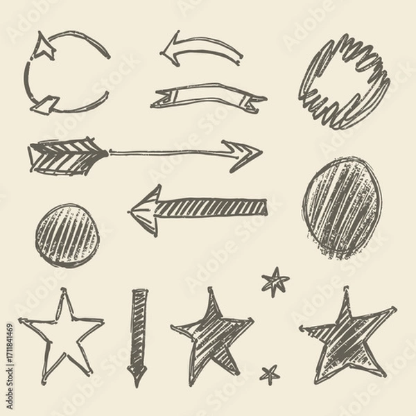 Fototapeta Handdrawn sketched shapes like arrows, stars, and circles perfect for creative projects needing a whimsical doodle touch. Great for designs with a playful or handmade aesthetic.