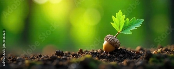 Fototapeta Vibrant green oak leaves sprout from a tiny acorn, symbolizing new growth and the circle of life in nature Perfect for springtime, environmental, and botanical themes , macro, life cycle
