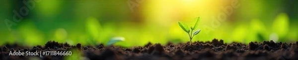 Fototapeta Vibrant green shoots emerge from rich soil, sunlight illuminating new growth in a lush springtime meadow, signifying renewal and rebirth ,  flora,  stems,  ecology