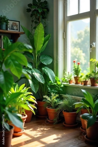 Fototapeta Vibrant indoor jungle, lush green plants thriving in a sunlit home environment  A tranquil and natural atmosphere filled with various potted plants of different shapes and sizes ,  cactus,  natural
