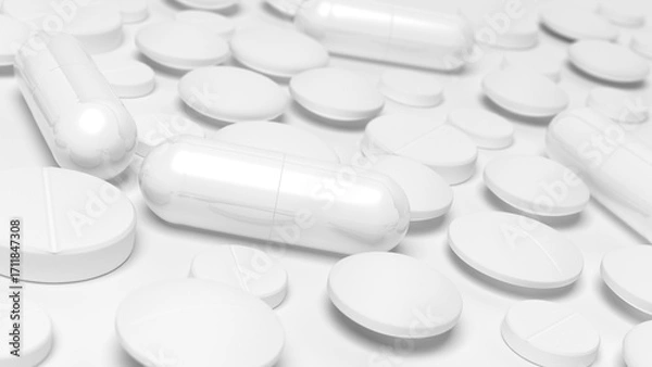 Fototapeta White capsules and tablets isolated on white background. Pills. 3d illustration.