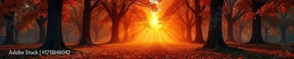 Fototapeta Vibrant sunset illuminates a grove of orange trees in a lush forest, casting long shadows on the dappled ground Leaves glow with autumnal hues, creating a magical scene , branches, glow