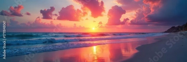 Fototapeta Vibrant sunset paints the sky with fiery oranges and pinks, reflecting on calm ocean waves at a tranquil beach Perfect for travel, vacation, or relaxation themes , orange, peaceful, sky