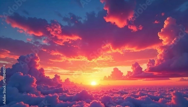 Fototapeta Vibrant sunset paints the sky with fiery oranges, pinks, and purples as fluffy clouds drift lazily across the horizon A breathtaking spectacle of nature's artistry , idyllic, rays