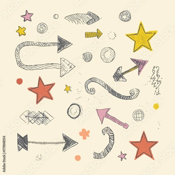 Fototapeta Handdrawn stars, circles, and arrows for creative projects. Perfect for designing patterns, icons, banners, or social media graphics.