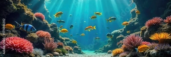 Fototapeta Vibrant tropical fish swimming in a lush, planted aquarium  The scene is filled with colorful coral and aquatic plants, creating a lively underwater paradise ,  serene,  healthy