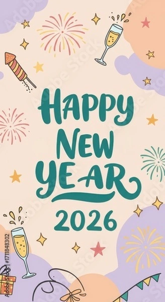 Fototapeta Festive new year 2026 greeting card with playful fireworks, champagne glasses, and stars, featuring a cheerful and optimistic design.
