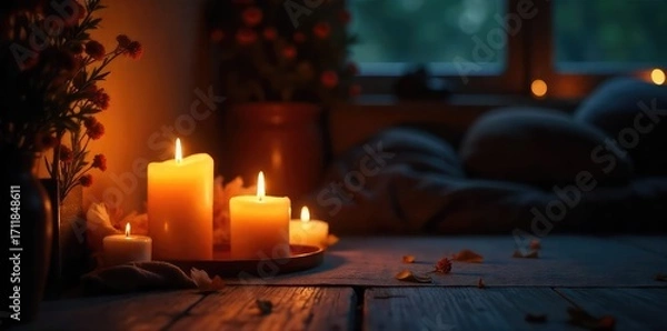 Fototapeta Warm, flickering candlelight illuminates a dark room, casting soft shadows and creating a cozy, intimate atmosphere Perfect for relaxation, romance, or meditation themes , shadows, relaxation