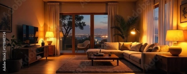Fototapeta Warm, inviting living room bathed in the soft glow of strategically placed lamps and overhead lighting, creating a cozy atmosphere perfect for relaxation , sofa, lighting design, lamps