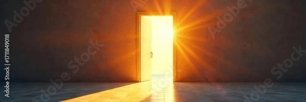 Fototapeta Wide shot of a brightly lit, open doorway, inviting and welcoming, suggesting new beginnings and opportunity Sunlight streams in, illuminating the space beyond , open door, passage