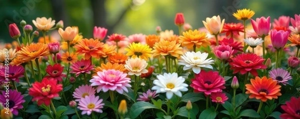 Fototapeta Vibrant flowers bursting forth from a lush, overflowing bed, creating a breathtaking floral display Perfect for spring, summer, garden, and nature themes , blooming, daylight