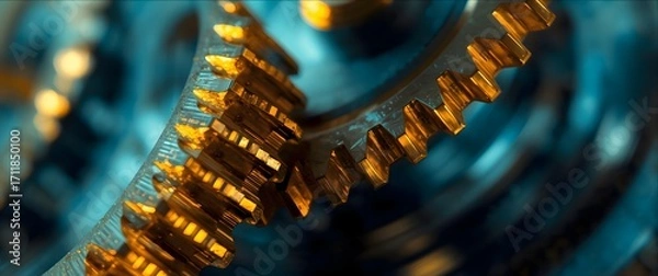 Obraz Close-up of intricate golden gears meshing