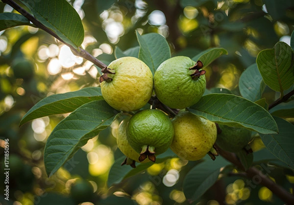 Fototapeta Ripe guava fruits hanging from tree branch surrounded by green leaves