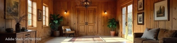 Fototapeta Warm, inviting rustic foyer with wood paneling and natural light streaming through a window Perfect for home design, interior decor, and architectural inspiration , real estate, room