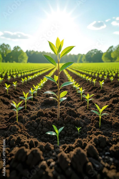 Fototapeta A young green plant sprouting from soil with sunlight in the background