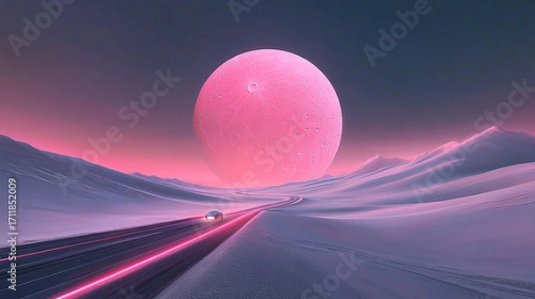 Fototapeta Futuristic Landscape with Neon Highway and Massive Pink Planet. A surreal futuristic scene featuring a neon-lit highway under a magnificent pink planet. 